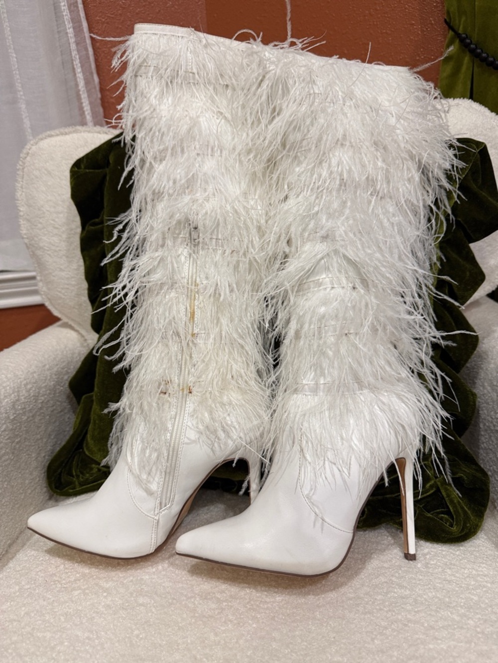 White Feathered Stiletto Boots - Women